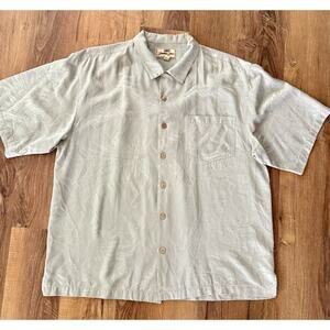 Jamaica Jaxx Mens Light Green Silk Button Down SS Hawaiian Collared Shirt, Large